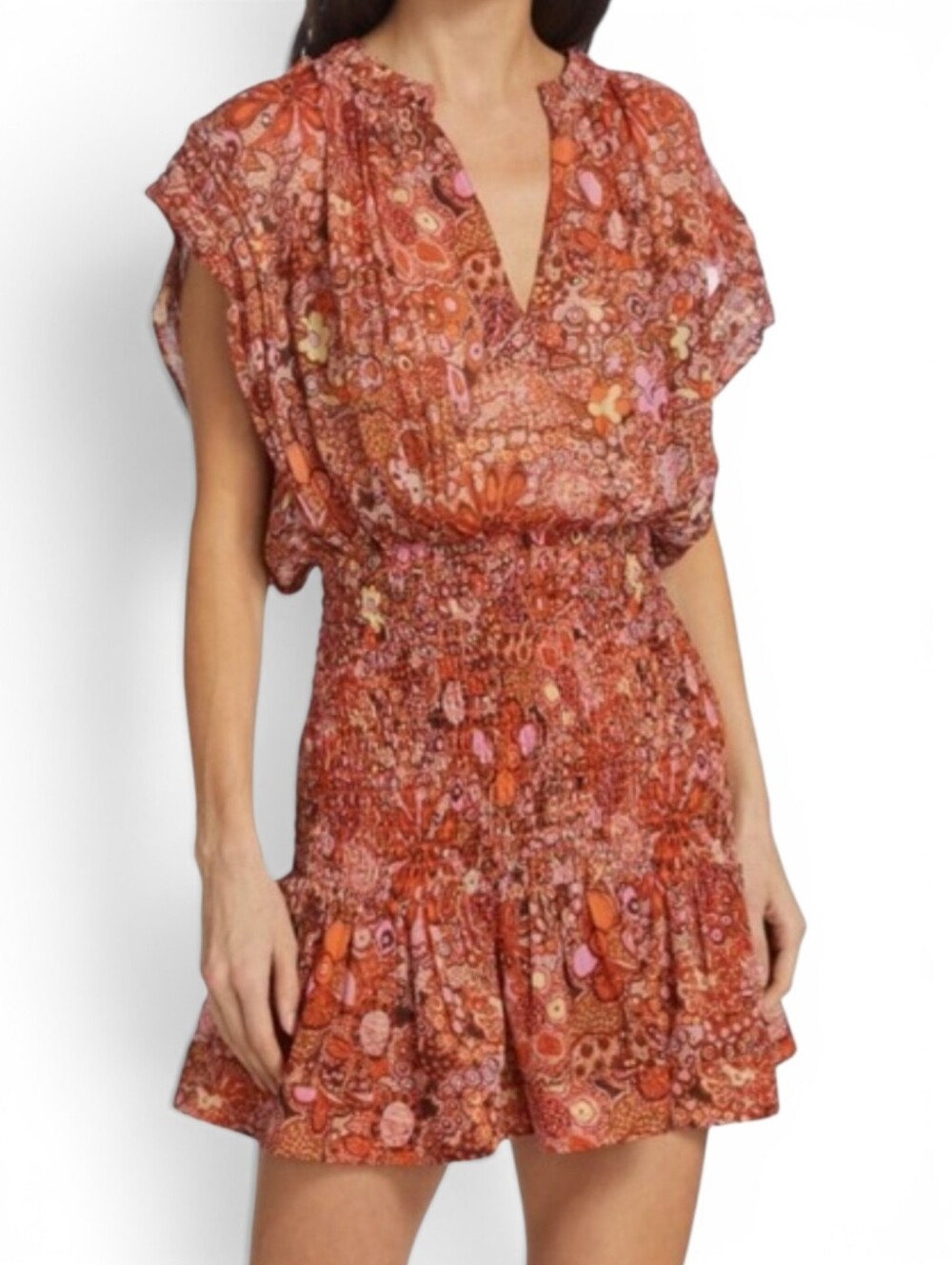 A.L.C. Carly Silk Smocked Waist Mini Dress In Orange Sorbet Size 12